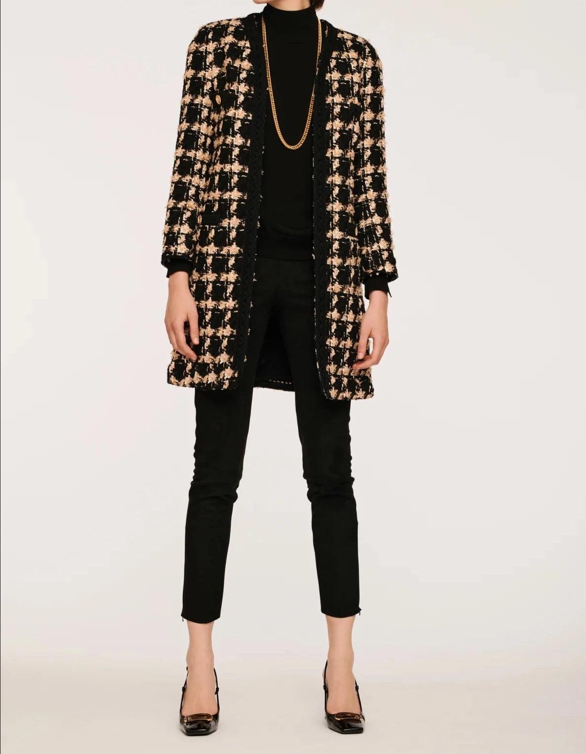 Long black and beige tweed check jacket with braided trim by Weill Paris