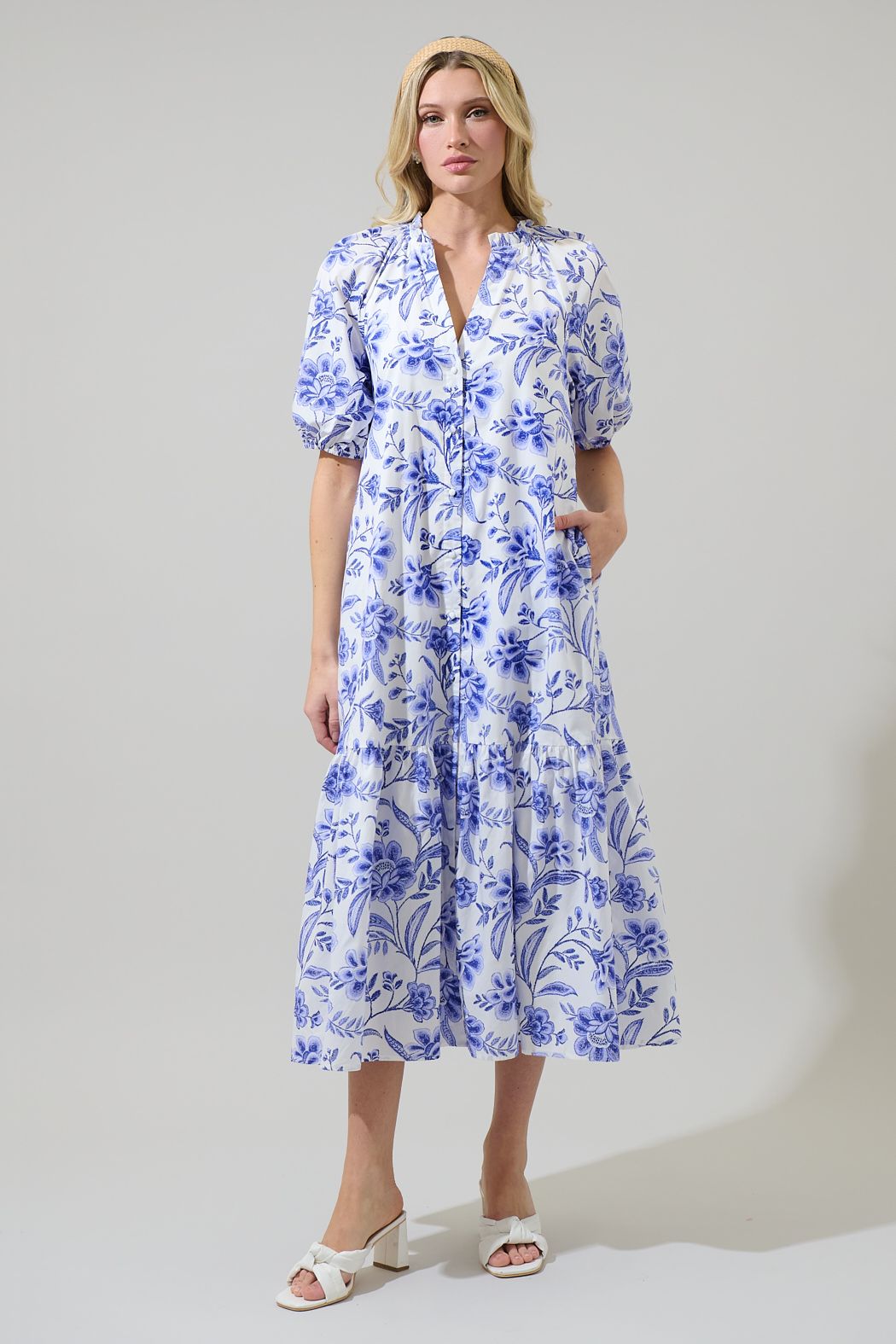 Maeve Floral Wynette Tiered Midi Dress - BTK COLLECTIONS