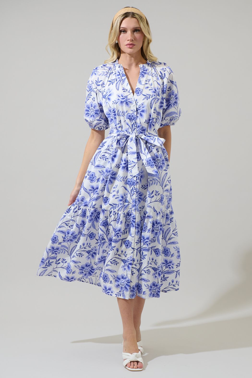 Maeve Floral Wynette Tiered Midi Dress - BTK COLLECTIONS