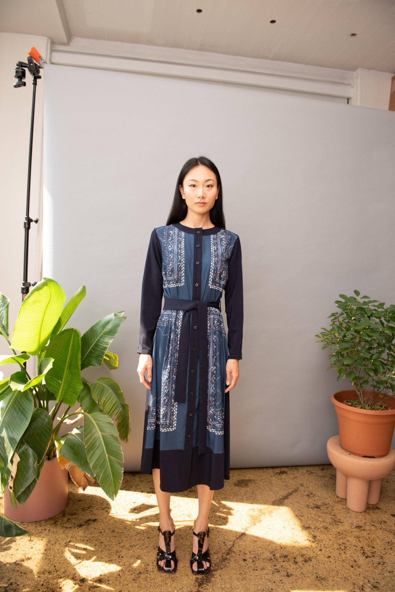 Navy Monet Long Sleeve Midi Dress - BTK COLLECTIONS