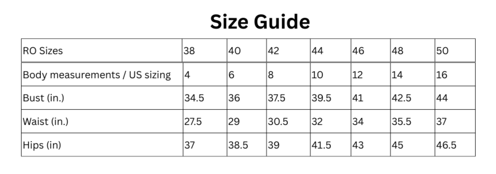 NISSA body measurement size guide for Romanian sizes 38–50, with bust, waist and hips in inches.