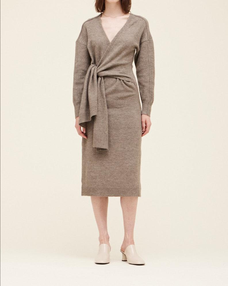 Side tie sweater dress by Grade & Gather in oat, featuring a flattering midi silhouette with long sleeves