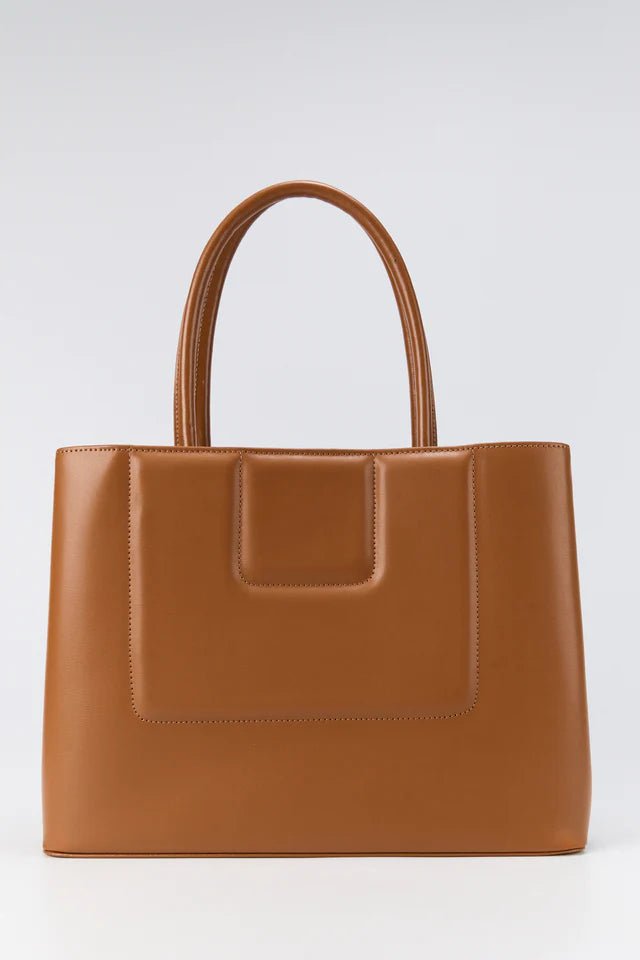 Camel quilted structured tote with top handles — neutral office carryall for women