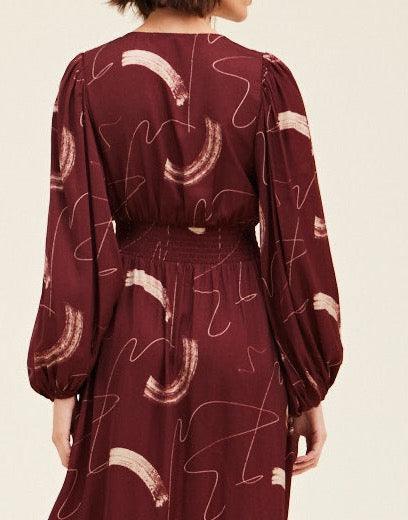 Back detail of the Grade & Gather Vino dress showing pale abstract brushstrokes, smocking and gathered cuffs.