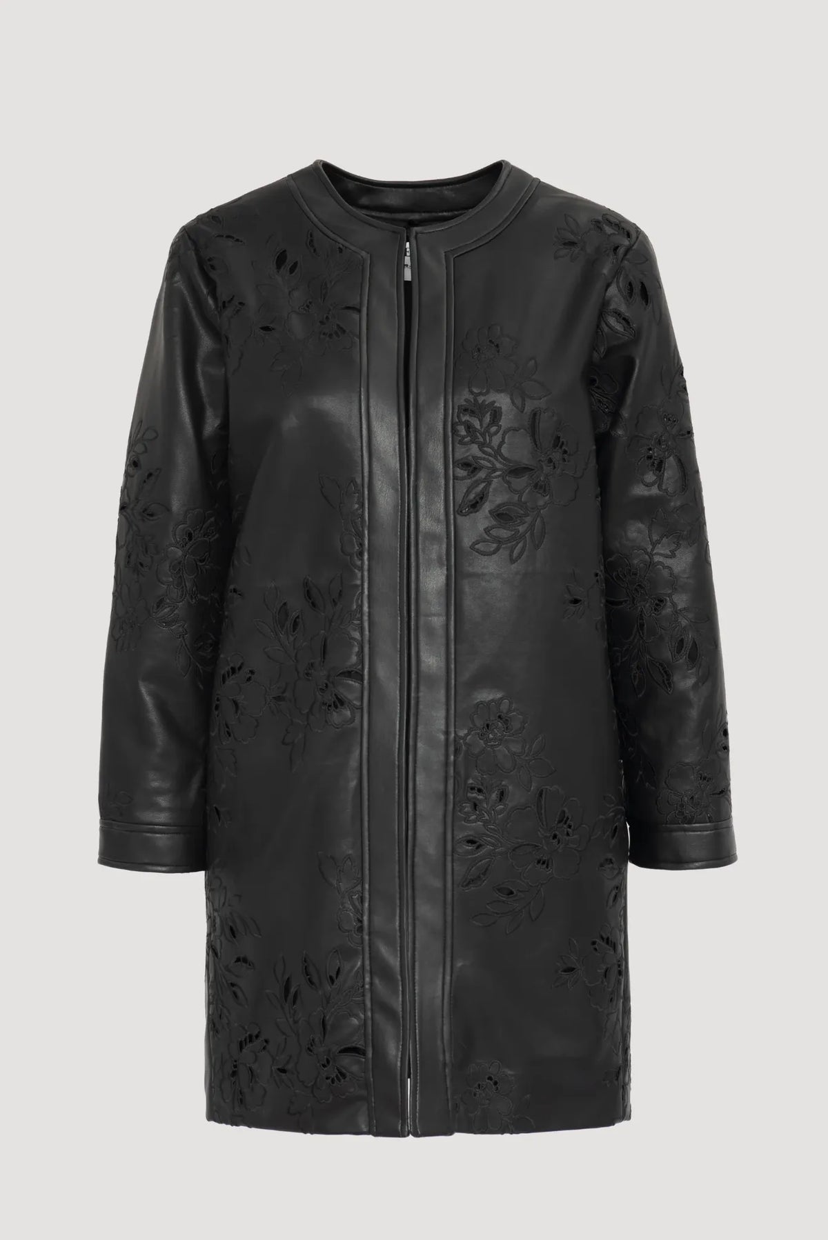 Weill Paris black embroidered faux leather coat with a round collarless neckline, long sleeves and a straight hem.