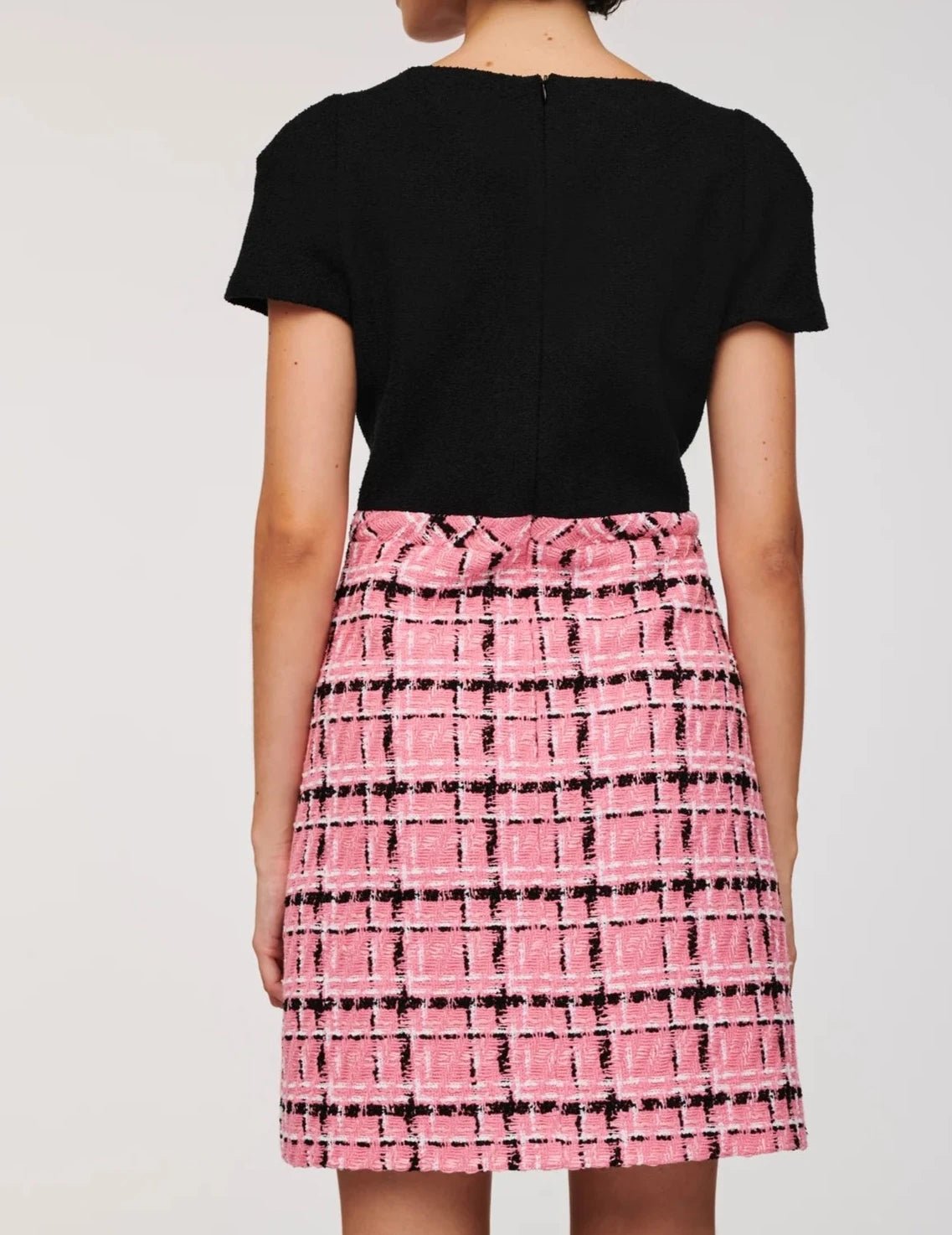 Weill Paris Dual-Material Tweed Dress with Pink Checkered Skirt - BTK COLLECTIONS