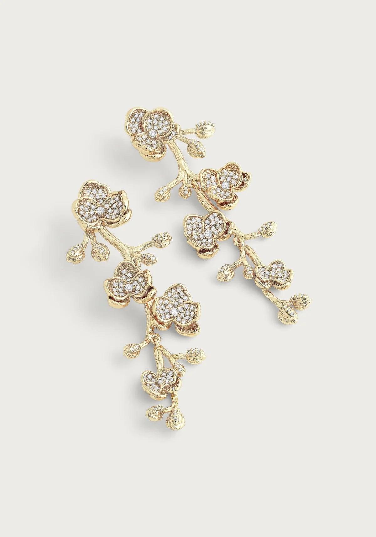 White Orchid Pave Clear Dangle Earrings - BTK COLLECTIONS
