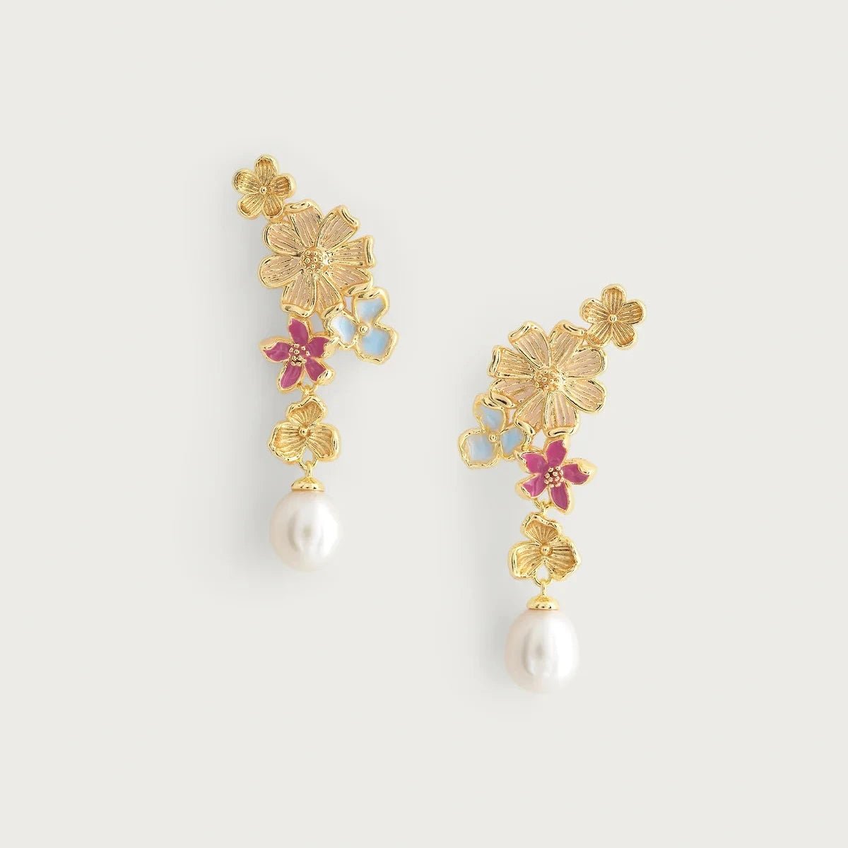 Wildflowers Pearl Drop Earrings by Anabel Aram featuring gold‑dipped floral clusters with pastel enamel accents and natural pearl drops.”