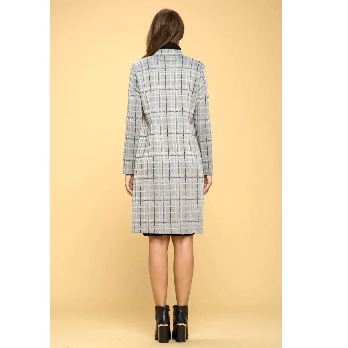 Back view of Renee C grey plaid longline jacket showing long sleeves, black and white checks and a straight hem.