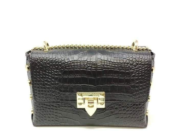 Black croc-embossed leather crossbody bag with gold chain strap and gold push-lock closure