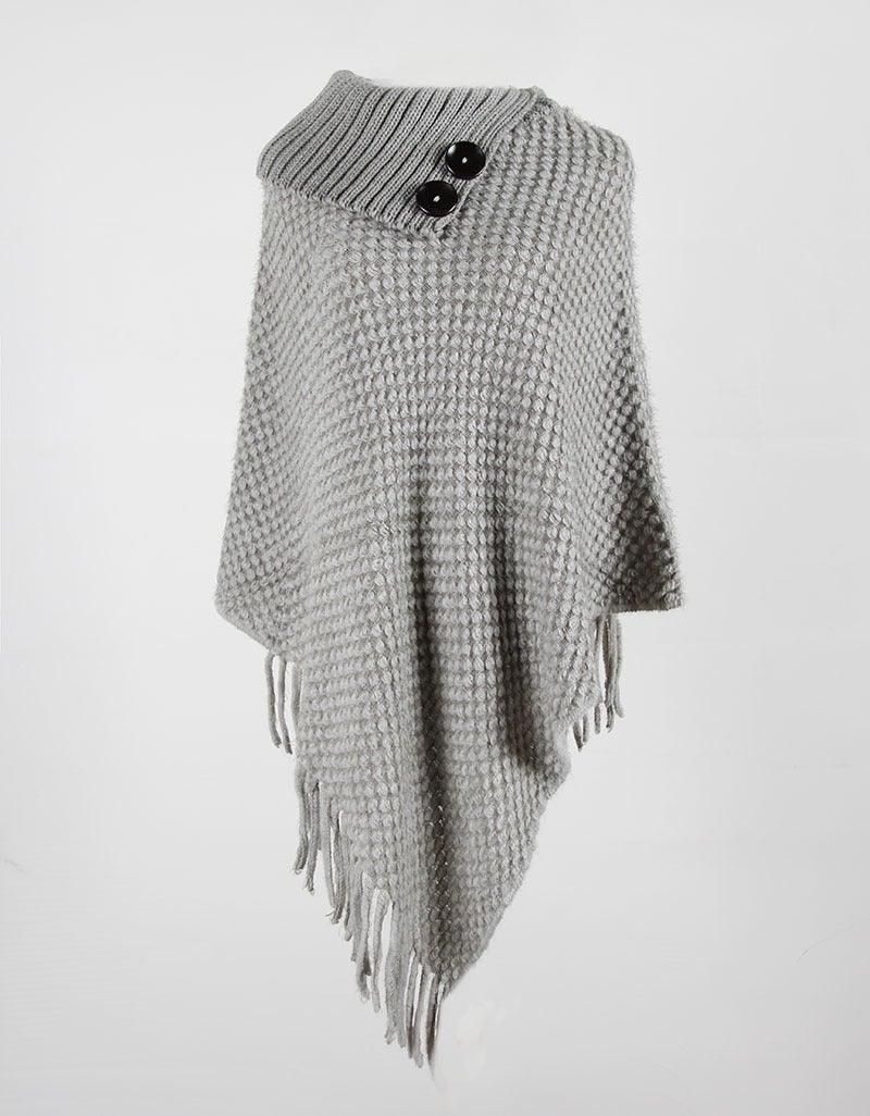 Elegant button-collar poncho in classic wool