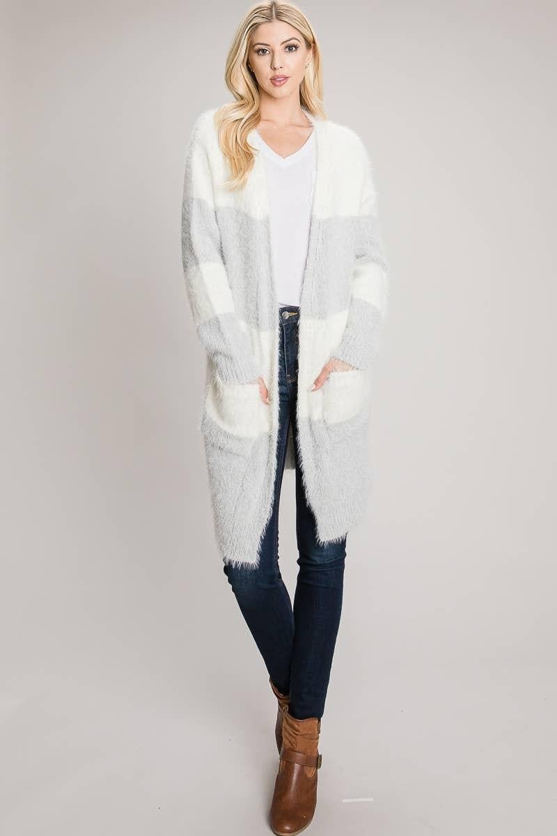 Allie Rose Heather Grey and ivory color block cardigan with an open front and two patch pockets.