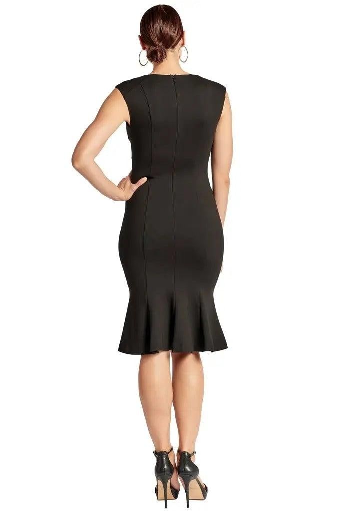 Back view of black sleeveless ponte midi dress showing tailored seams and fitted silhouette
