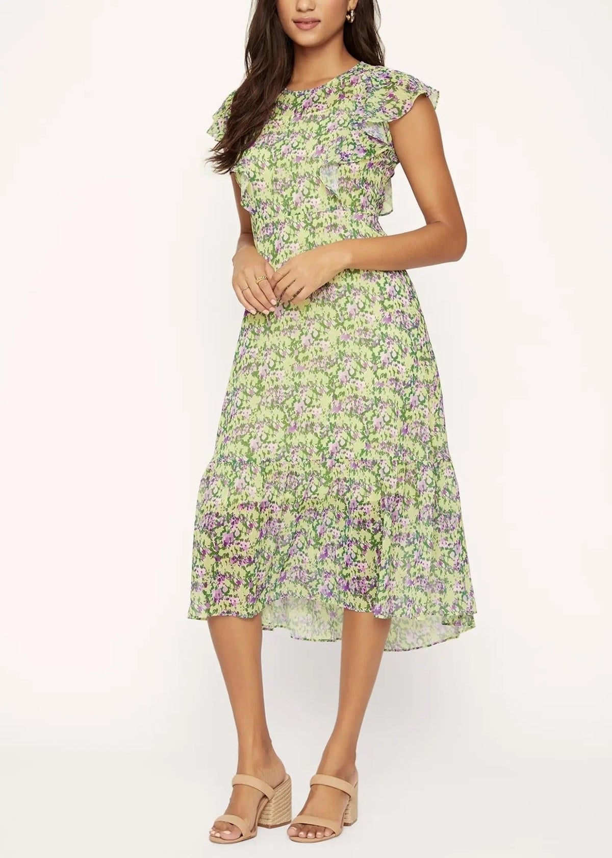 Lost + Wander Matisse's Dream purple-yellow floral midi dress with flutter sleeves and a ruffled hem