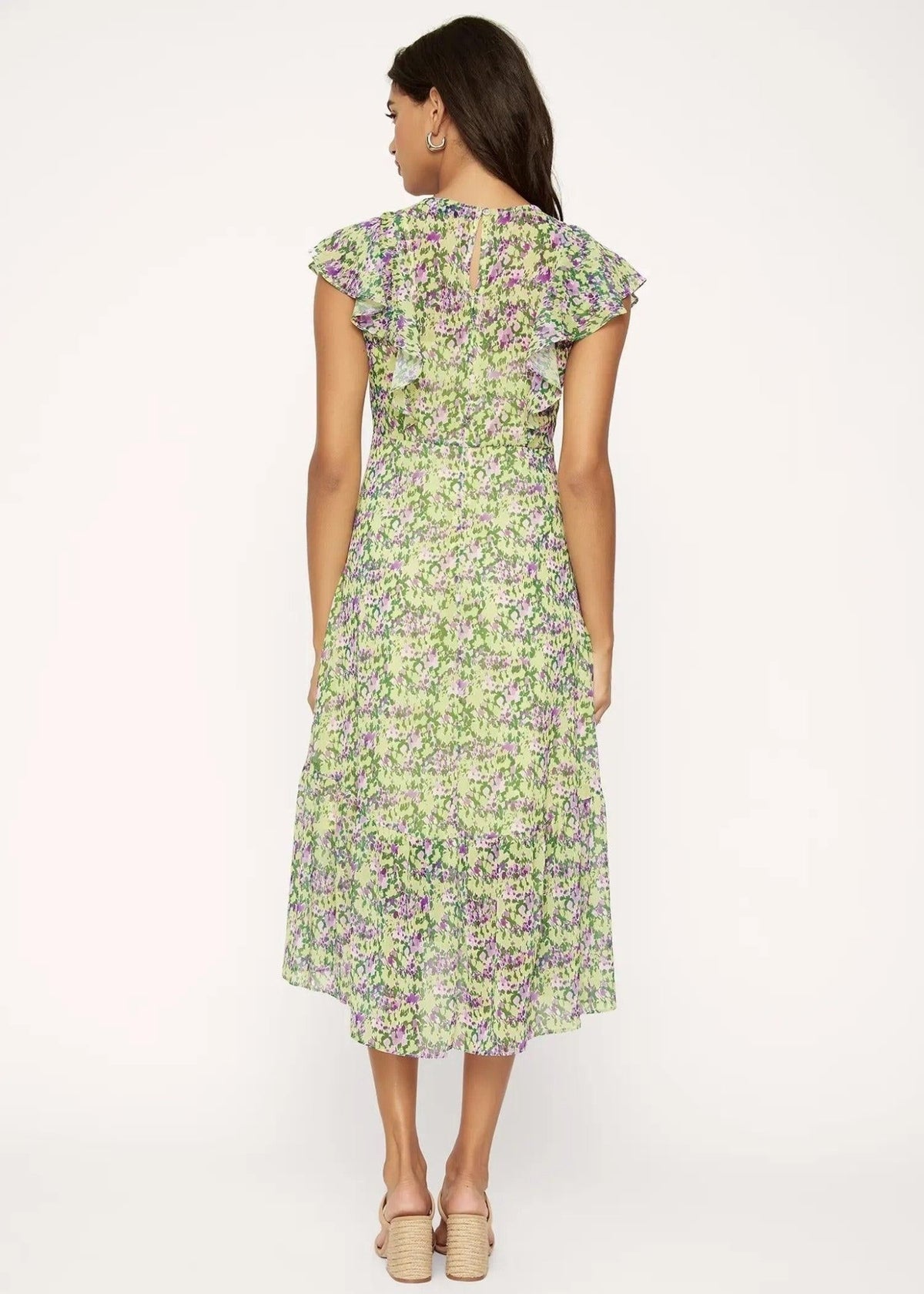 Back view of Matisse's Dream floral midi dress with a buttoned neckline keyhole, flutter sleeves and ruffled hem