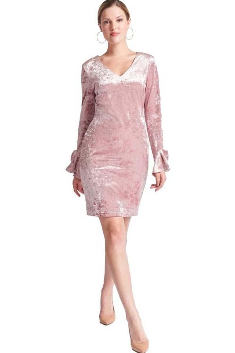 Simona Maghen Kara Dress in rose pink crushed velvet, front view with V-neck, long sleeves and ruffled bell cuffs.