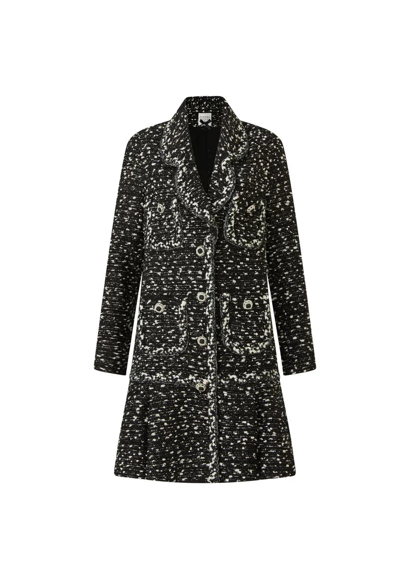 Edward Achour Paris black and white natté coat dress with jewel buttons and notched lapels