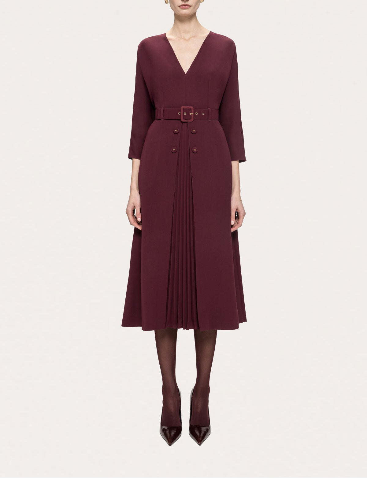 NISSA Bordeaux belted pleated midi dress with three-quarter sleeves and a defined waist.