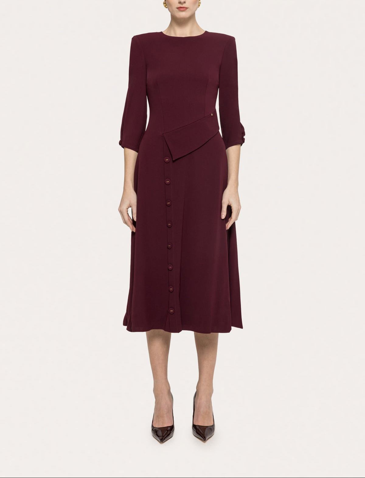 NISSA bordeaux midi dress with a high round neckline, three-quarter sleeves, angled waist panel and front buttons.