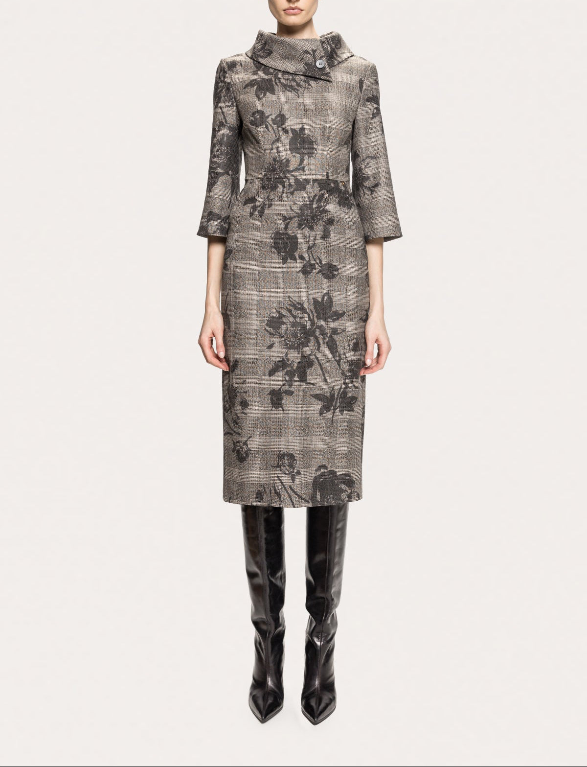 NISSA gray floral plaid midi dress with an asymmetric collar and three-quarter sleeves for business awards dinner attire.