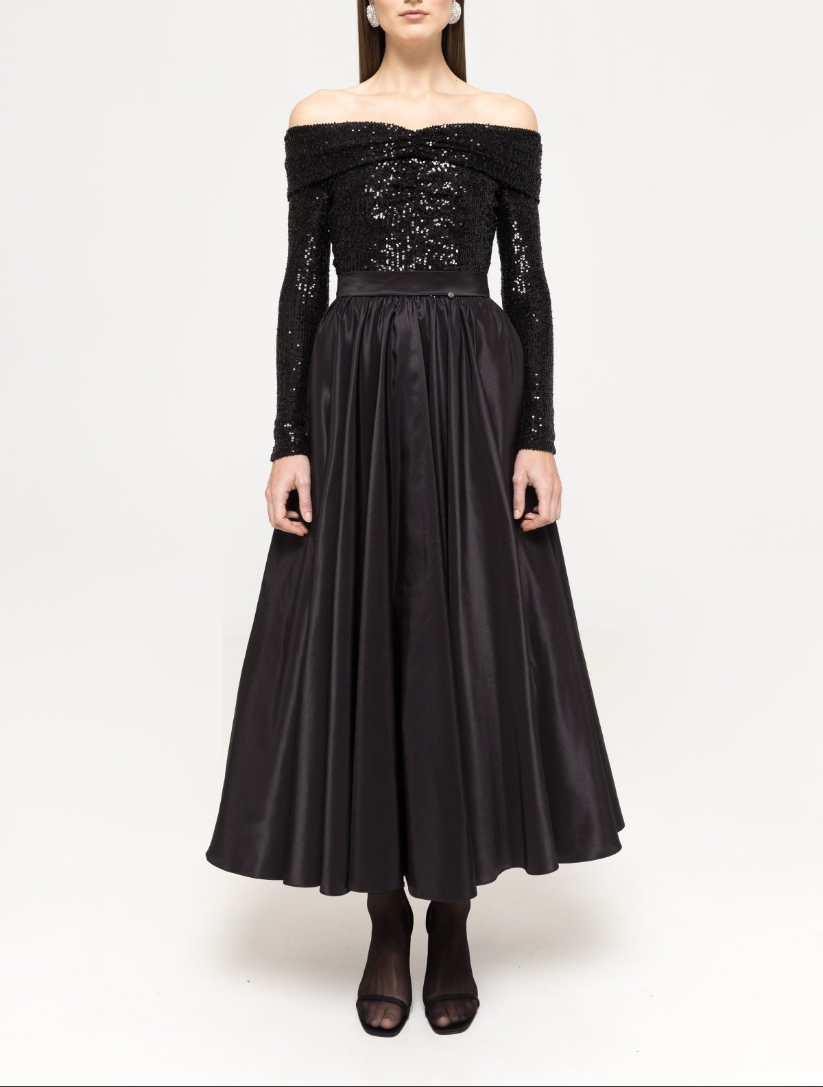 NISSA black off-shoulder sequin bodice and taffeta midi dress