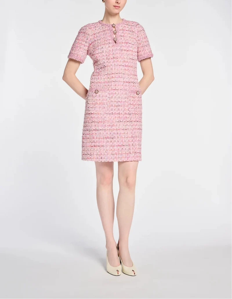 Weill Paris Pink Tweed Dress with Jeweled Buttons