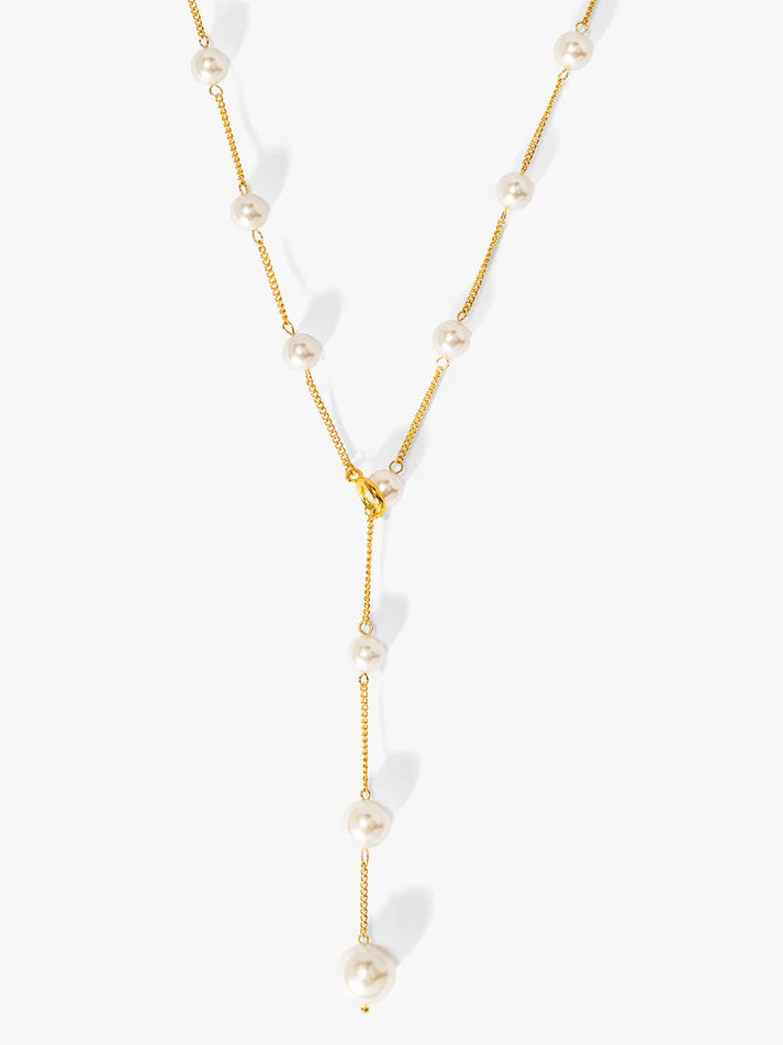 pearl lariat collar necklace gold chain with faux pearl drop modern pearl jewelry