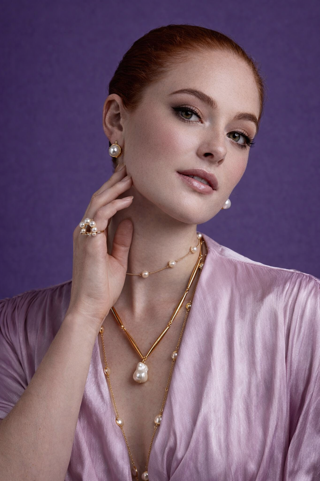 model wearing pearl lariat necklace with gold chain and faux pearl drop modern pearl jewelry