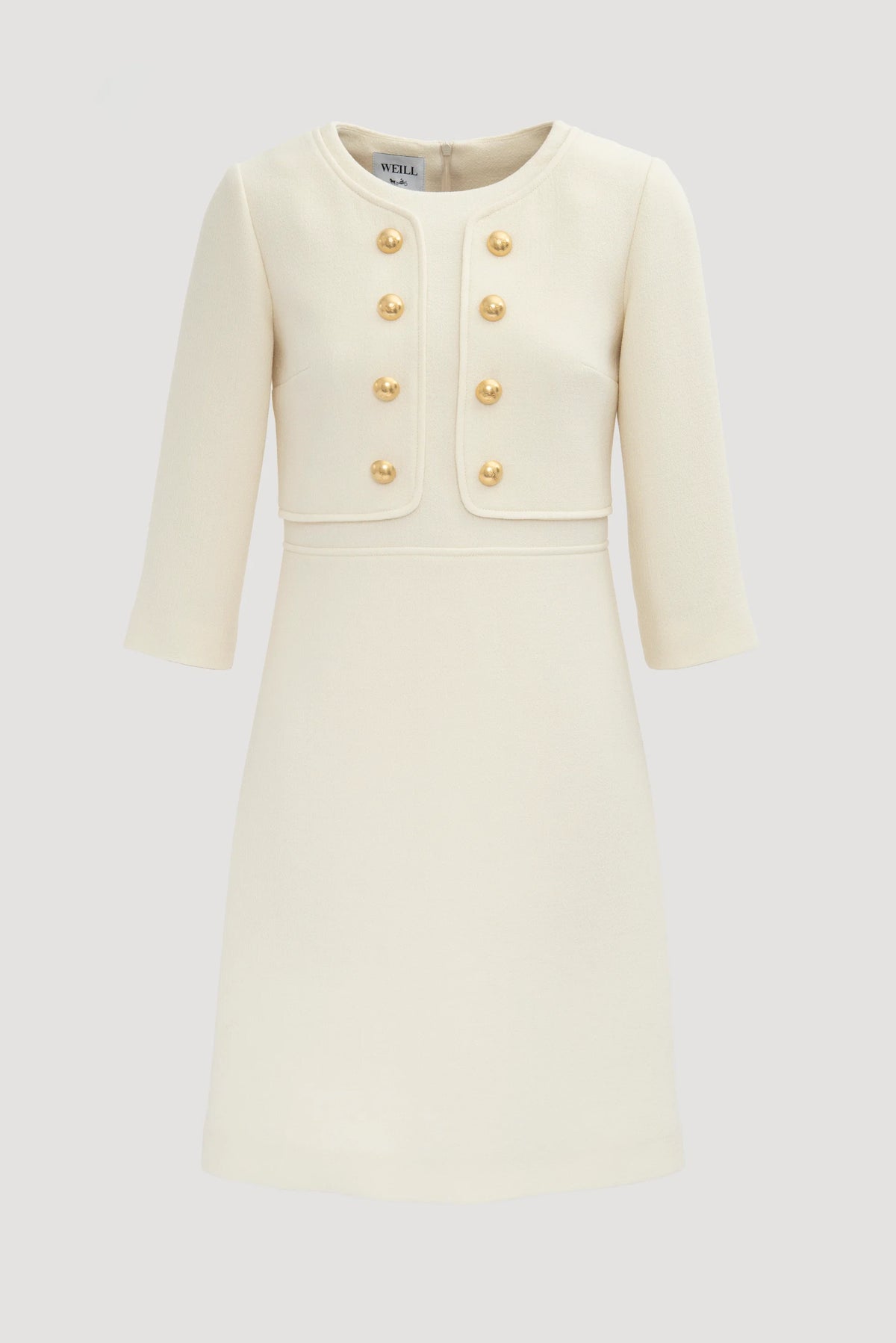 Weill Paris ivory wool illusion dress with gold-tone buttons and built-in jacket effect