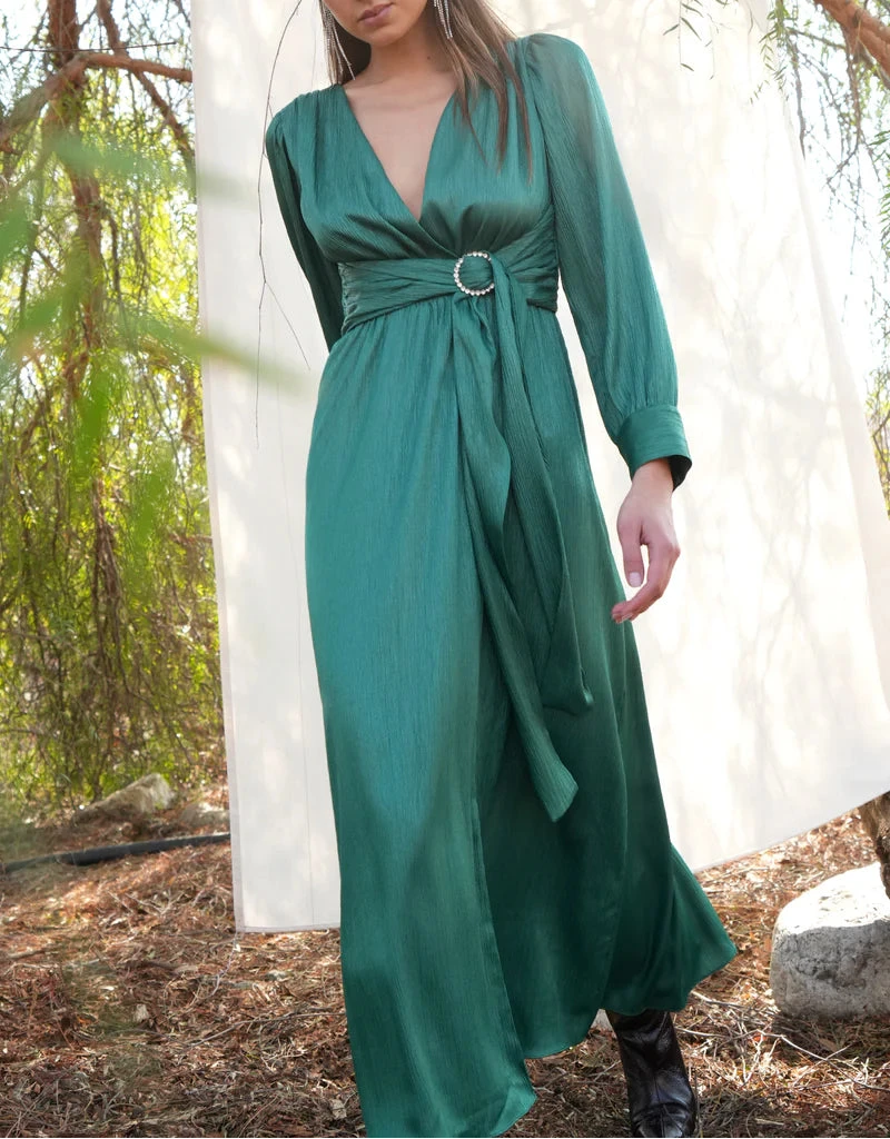 Emerald green midi dress with plunge neckline and fitted waist by Adelyn Rae, perfect for fall weddings.