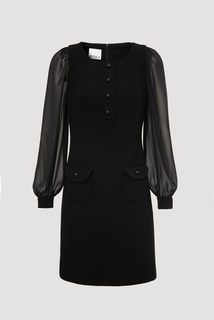 Weill black wool crêpe dress with sheer sleeves, 4‑button placket and trompe‑l’œil flap pockets.