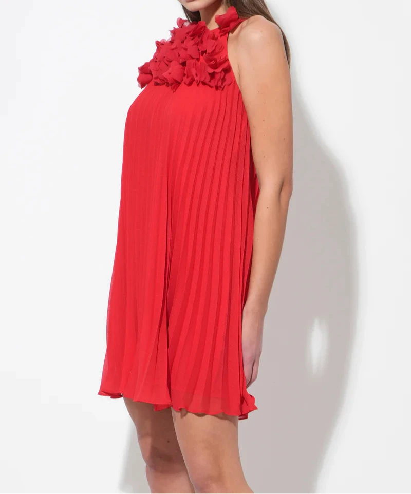 Red Corey Halter midi dress with pleats and 3D floral appliqué by Adelyn Rae