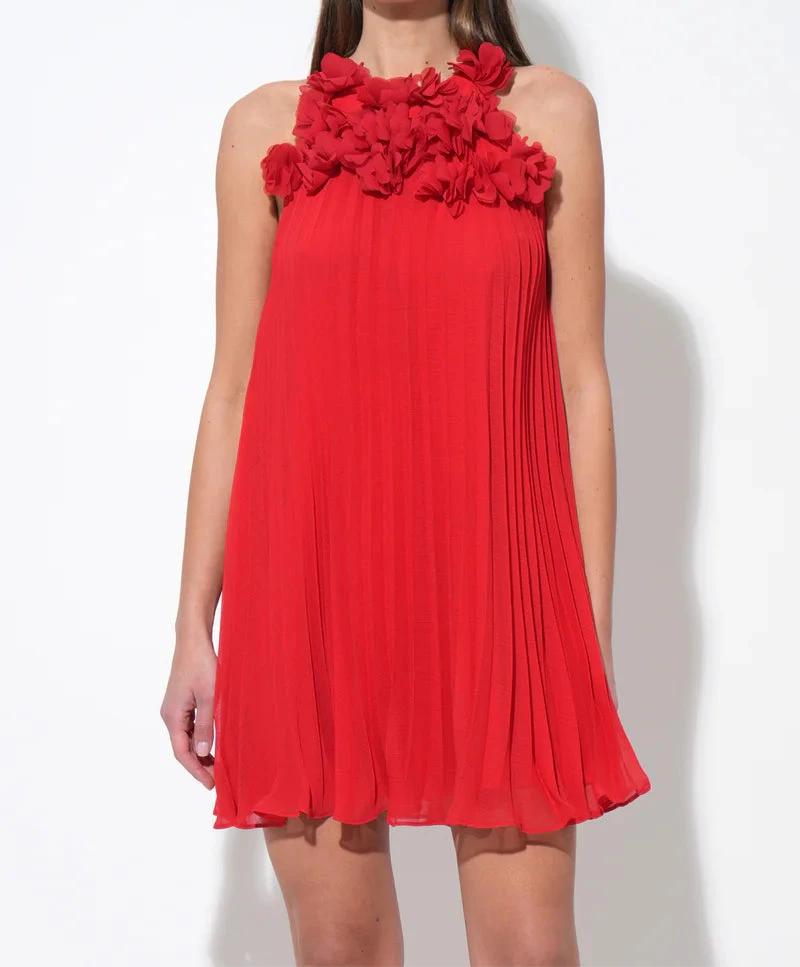 Red midi dress featuring pleated design and 3D floral appliqué by Adelyn Rae, sleeveless style