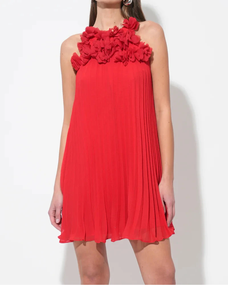 Red midi dress with pleated design and 3D floral appliqué by Adelyn Rae, sleeveless style