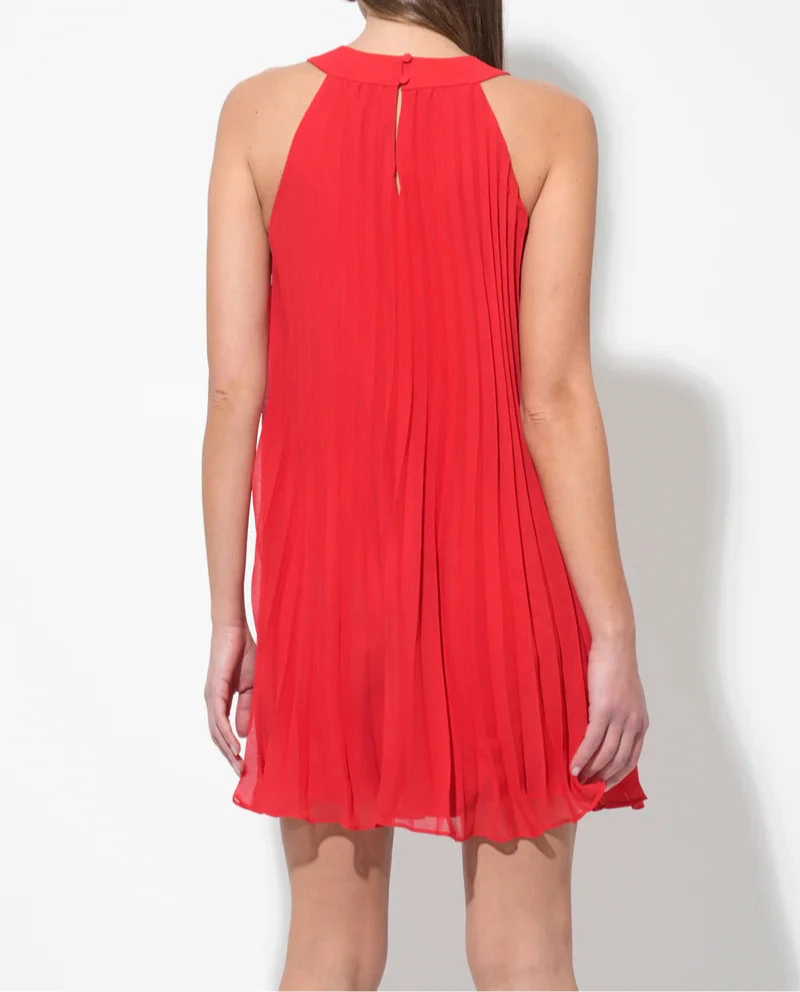 Red midi dress with pleated design and 3D floral appliqué by Adelyn Rae, sleeveless style