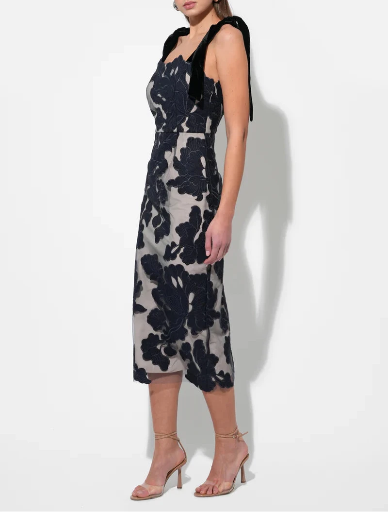 Navy nude midi dress with 3D applique floral details by Adelyn Rae.