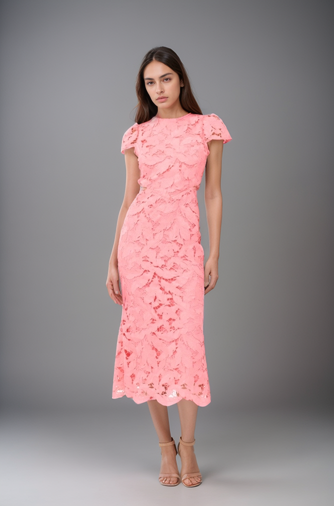 Bubblegum pink 3D floral lace cap sleeve midi dress by ADELYN RAE with a fitted silhouette.