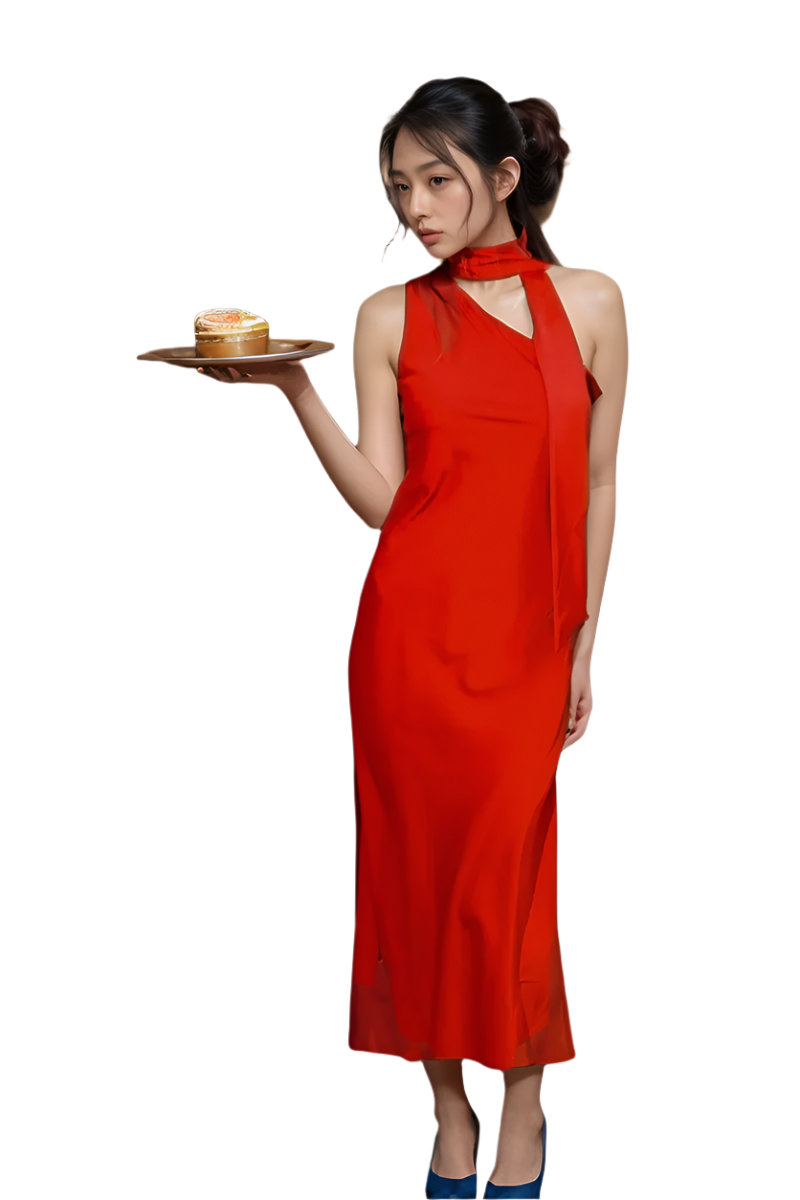 Woman in red one-shoulder halter midi dress with scarf tie, perfect for elegant evening events.