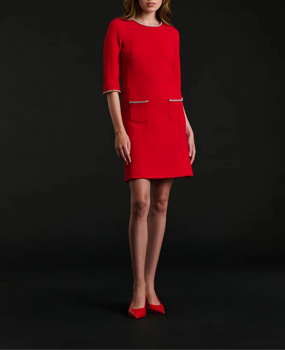 Weill Paris red shift dress with jewel neckline and three-quarter sleeves
