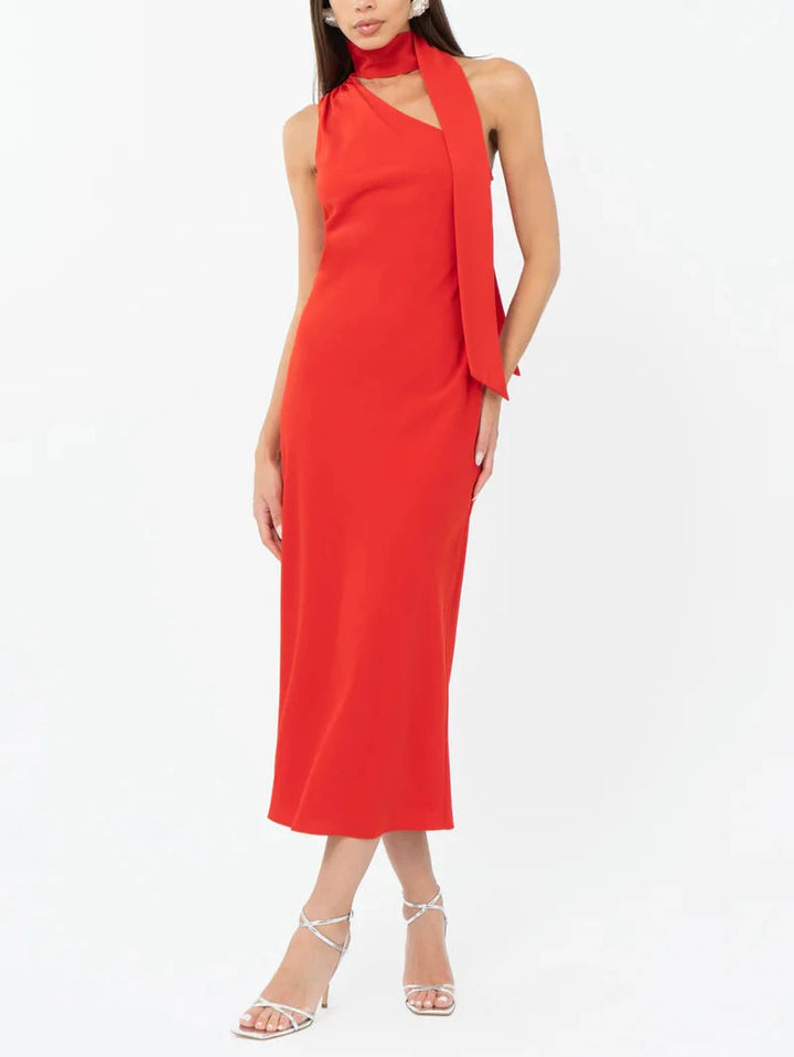 BTK COLLECTIONS-Red halter neck midi dress with a scarf detail, featuring a sleek and elegant design perfect for formal occasions or stylish evening wear- Saffron  Halter Midi Dress