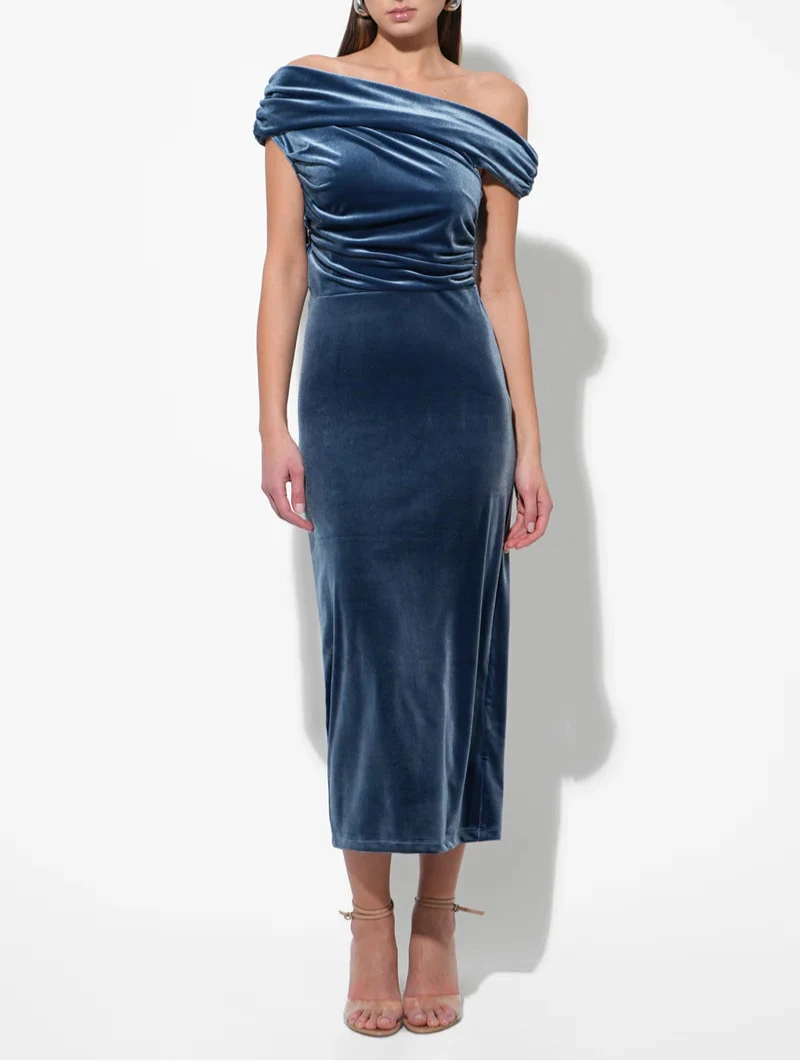 Off-shoulder icy-blue velvet midi dress with ruched bodice and column silhouette—elegant cocktail or wedding-guest style at BTK COLLECTIONS