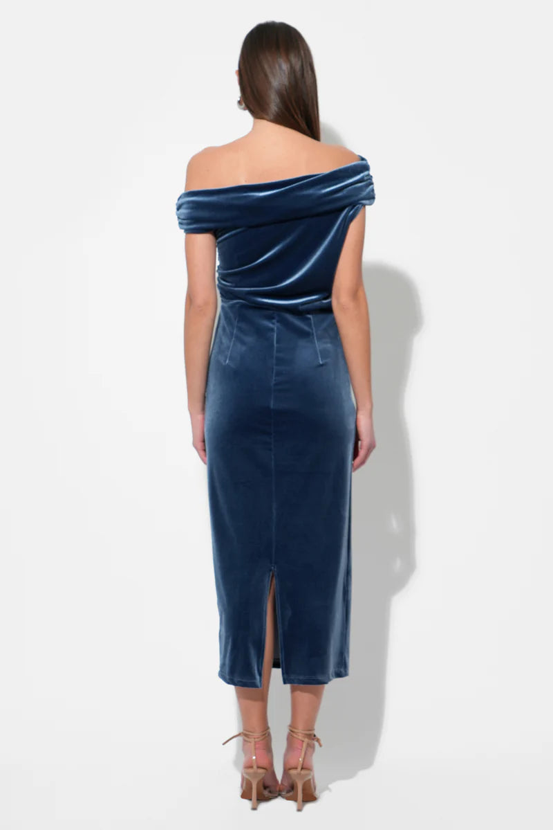 Icy blue off-shoulder velvet midi dress by Adelyn Rae, featuring a form-fitting silhouette and elegant length.