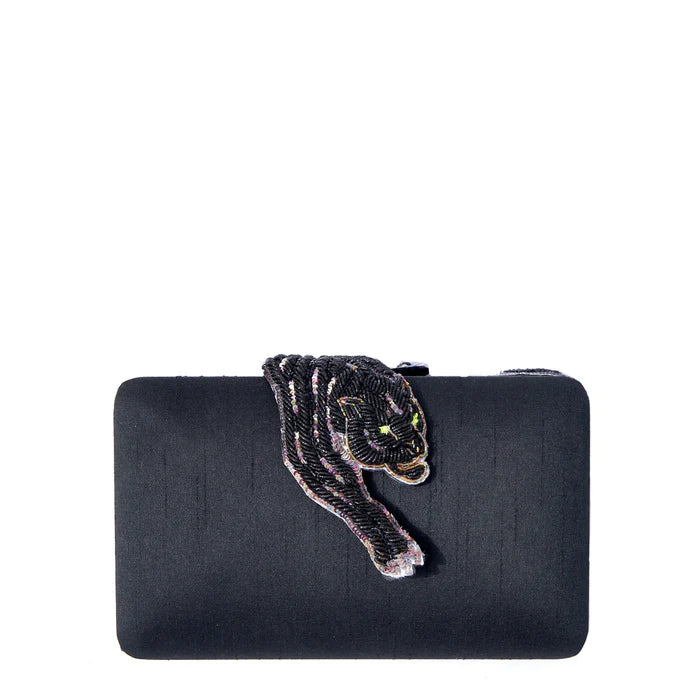 Designer Simitri 'Bagheera' clutch featuring intricate beadwork in the shape of a black panther's head on a sleek black fabric background, combining luxury with a touch of the wild-BTK COLLECTION