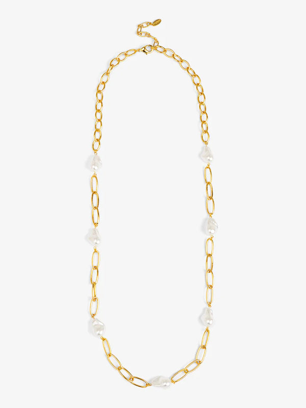 baroque link long necklace gold chain with baroque pearl accents modern pearl jewelry