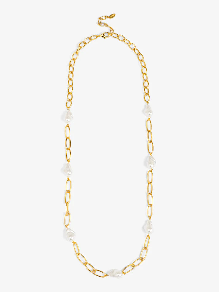 baroque link long necklace gold chain with baroque pearl accents modern pearl jewelry
