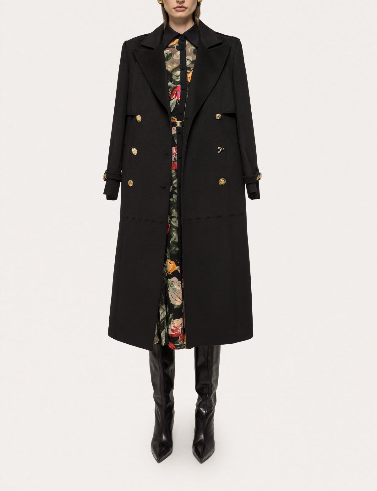 Belted chiffon midi dress in floral print, featuring a tailored black outer coat.