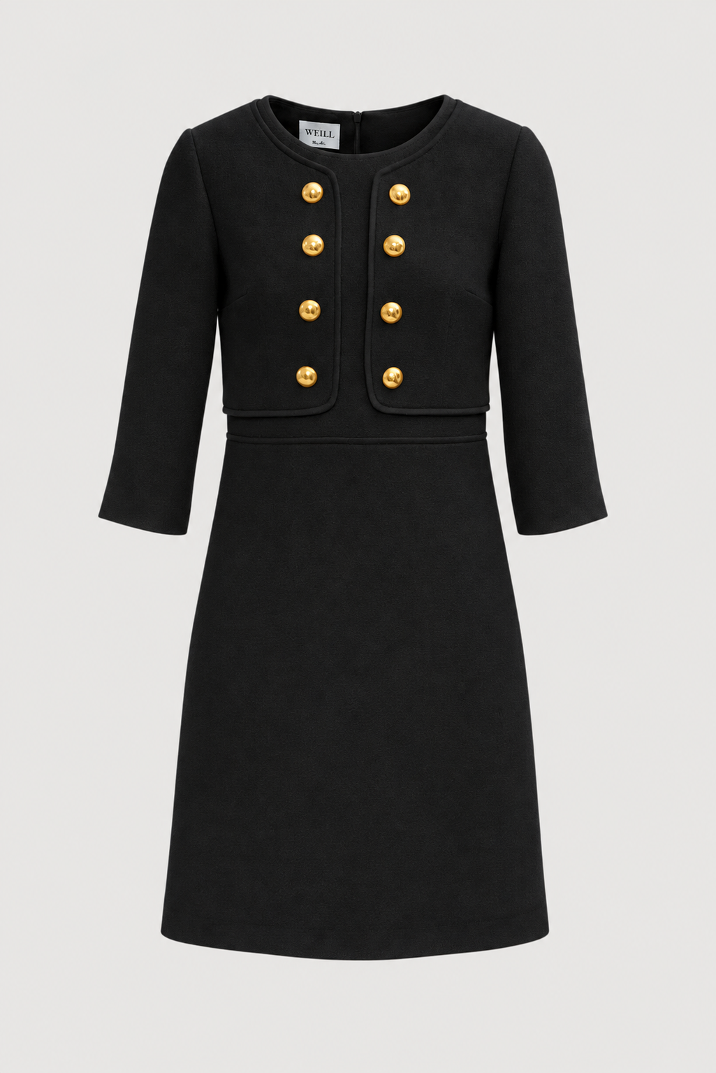Front view of Weill Paris black wool illusion dress with gold-tone buttons and a built-in cropped-jacket effect