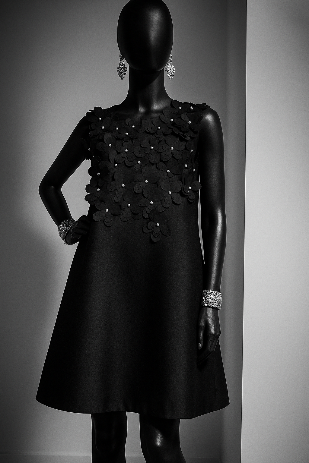 Model wearing Edward Achour Paris 3D Shantung Flowers A Line sleeveless dress