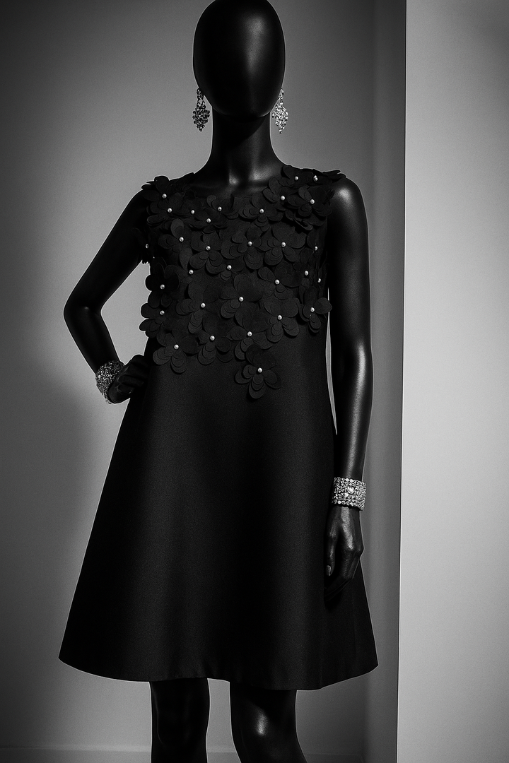 Model wearing Edward Achour Paris 3D Shantung Flowers A Line sleeveless dress