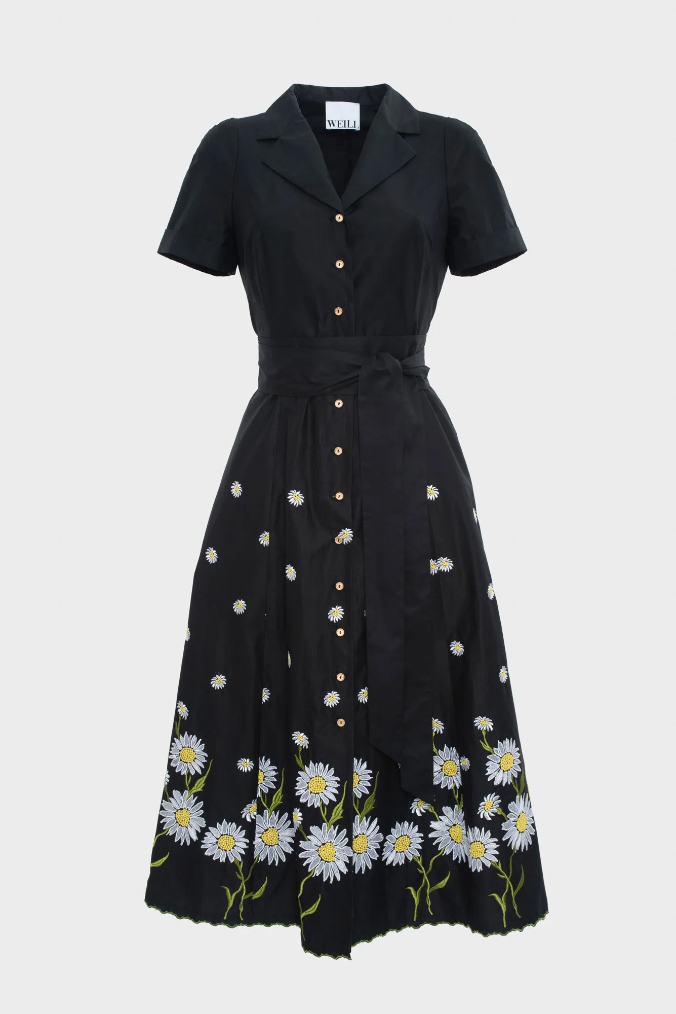 Black cotton midi shirt dress with floral embroidery, short sleeves, gold buttons, and removable belt